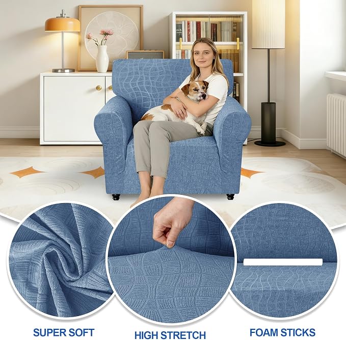 MAXIJIN Waterproof Chair Cover Armchair Covers for Living Room, 1 Piece Stretch Single Sofa Chair Slipcovers with Arms, Washable Furniture Protector for Dogs Pets (Small, Dusty Blue) - Image 2