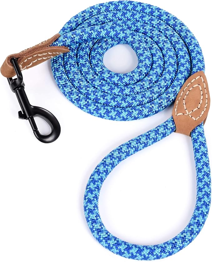 Mile High Life Dog Leash with Genuine Leather-Wrapped Ends, 4/5/6FT | Tangle-Free 360° Swivel Clasp Heavy Duty Rope Leash | Small Medium Large Dogs | Daily Walking (Sky Blue, 72 Inch, 1/2") by MileHighLife