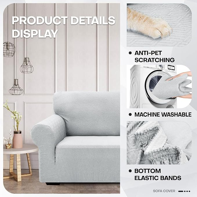 ZNSAYOTX 1 Piece Jacquard Couch Covers for 3 Cushion Couch Living Room High Stretch Sofa Cover Pets Dogs Friendly Anti Slip Thickened Slipcovers Furniture Protector (Large, New Pattern Silver Grey) - Image 3