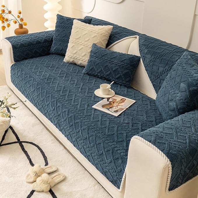 vctops Geometric Jacquard Plush Sofa Couch Covers Farmhouse Neutral Non Slip Sectional Couch Cover Soft Warm Sofa Slipcover for Dogs, Children, Pets Furniture Protector (Dark Blue,36"x36") by vctops
