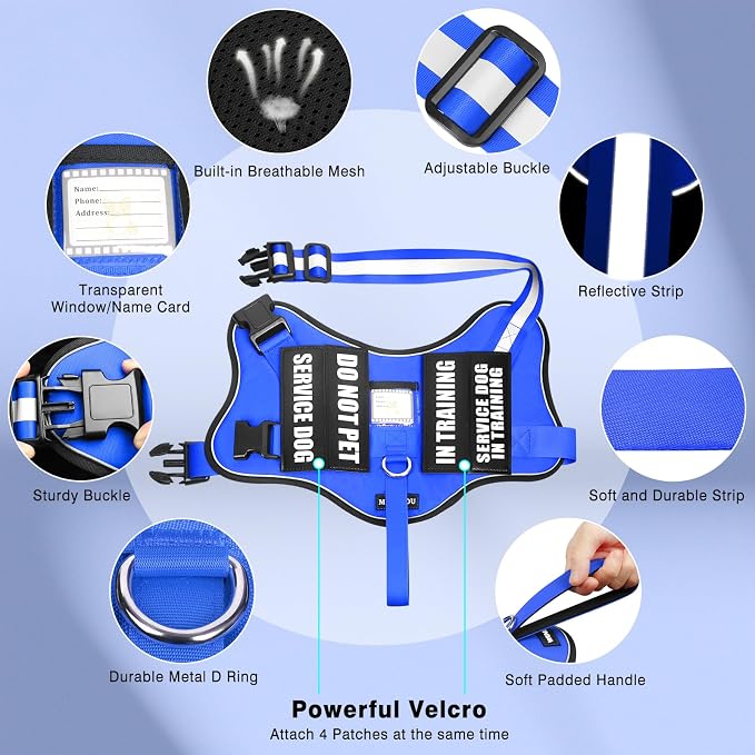 Service Dog Vest Harness and Leash Set+10 Patches,No Pull&Easy Walk Reflective Dog Harness with Soft Padded Handle for Training/Everyday,Fit Small/Medium/Large/Extra-Large Dogs (Blue L) | No Pull&Adjustable Reflective Dog Harness Large Sized,Dog Leash ... - Image 4