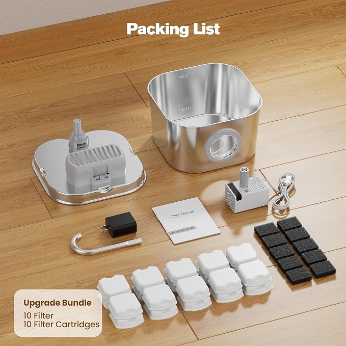 Cat Water Fountain Stainless Steel: Pet Fountains with 10 Filters + 10 Sponges 2.2L Cats Automatic Waterer Bowls for Drinking Small Dog Water Dispenser Indoor HOOISE Metal Kitty Watering Silent - Image 9