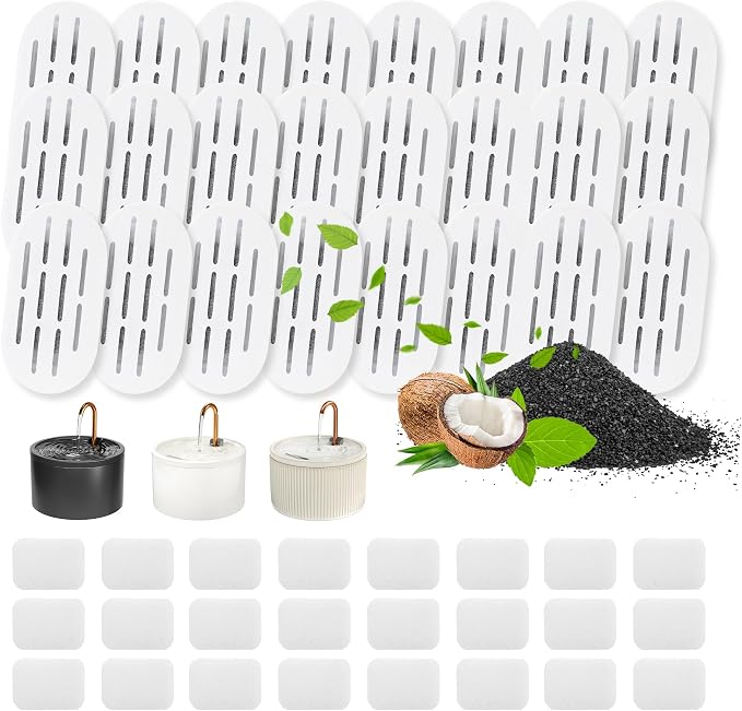 MISFANS Ceramic Cat Water Fountain Filters, 24 Filters and 24 Sponges | Triple-Layer Filter, Cotton, Activated Carbon and Ion Exchange Resin, Pre-Soak 5 Minutes, Replace Every 1-2 Weeks, Verify Fit by MISFANS