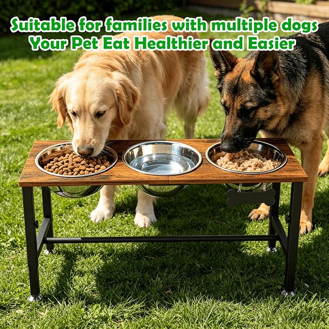 SHAINFUN Adjustable Height Elevated Dog Bowl Stand for Large & Extra Large Dogs – Wooden Raised Dog Bowls with Three 101oz Stainless Steel Bowls & Mat, Stainless Steel Food & Water Station - Image 7
