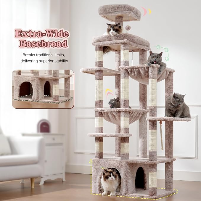 Heybly Cat Tree, 71-Inch Tall Cat Tower for Large Maine Coon Cats HCT037MU | Cat Condo Furniture with Extra-Large Baseboard, Multi-Level Platforms, 2 Hammocks and 12 Scratching Posts, Rosy Brown - Image 3