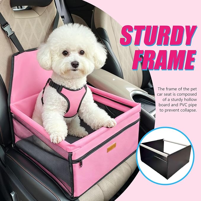 Pet Dog Booster Seat, Upgrading the Framed wall to Prevent Collapse，Breathable and Foldable Pet Car Basket，Removable andWashable pet car seat (Pink) - Image 2