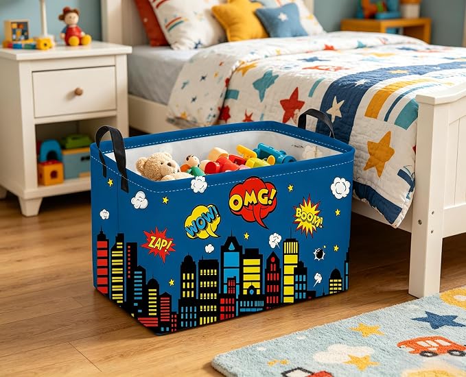 Sanjiaofeng Rectangular Blue City Hero Skyline Basket,Baby Storage Bins with Handles,Comics Hero Kid Basket,Building Silhouettes Storage Bin,Room Decor(Building) - Image 3