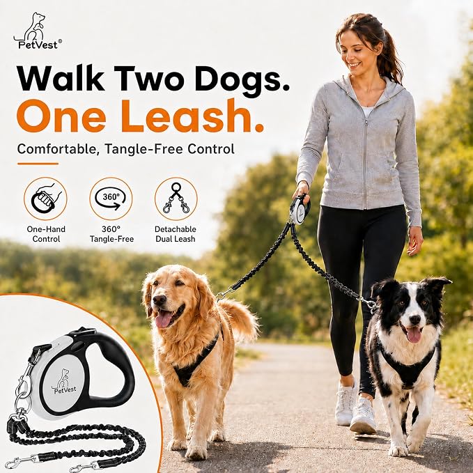 Dual Retractable Dog Leash,10 FT Tangle-Free Leash for 2 Dogs, Detachable for Single Use,One-Button Brake & Lock, Up to 44 lbs Each, 360° Swivel, Non-Slip Handle + Poop Bag Holder (Grey) - Image 5