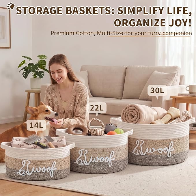 OIAHOMY 22L Large Dog Toy Basket, 16.5"x11.4"x9" Cotton Rope Basket with Cute Woof Embroidery, Soft Woven Pet Toy Box with Handles for Blankets, Leashes & Puppy Accessories, Decorative Organizer Brown - Image 8