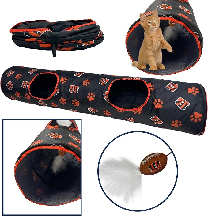 NFL Cincinnati Bengals Cat Tunnel Tube Toy with Plush Football Catnip and Feathers Collapsible Tunnel for Cats to Play, Peek and Hide, Sporty & Fun Cat Tunnel Toy with Team Logo All-Over Design! - Image 2
