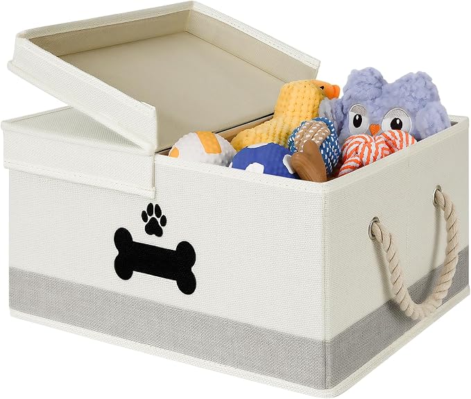 Dog Toy Basket with Double-Open Lid, Divided Dogs Basket for Toys, Collapsible Pet Toys Box, Dog Storage Organizer with 2 Divided Area, Puppy Toy Baskets with Rope Handles, Beige & Gray by GreenPetopia