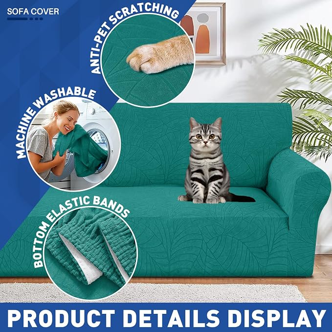 YEMYHOM Couch Cover Latest Jacquard Design High Stretch Sofa Covers for 3 Cushion Couch, Pet Dog Cat Proof Slipcover Non Slip Magic Elastic Furniture Protector (Large, Begonia Leaf Blackish Green) - Image 4