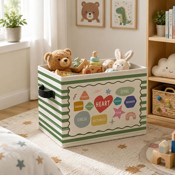 Shape Educational Storage Bins Box, Colorful Collapsible Organizer Basket | fun toddler learning storage box basket for books clothes, green striped organizer for nursery bedroom playroom, 10x14 in - Image 5