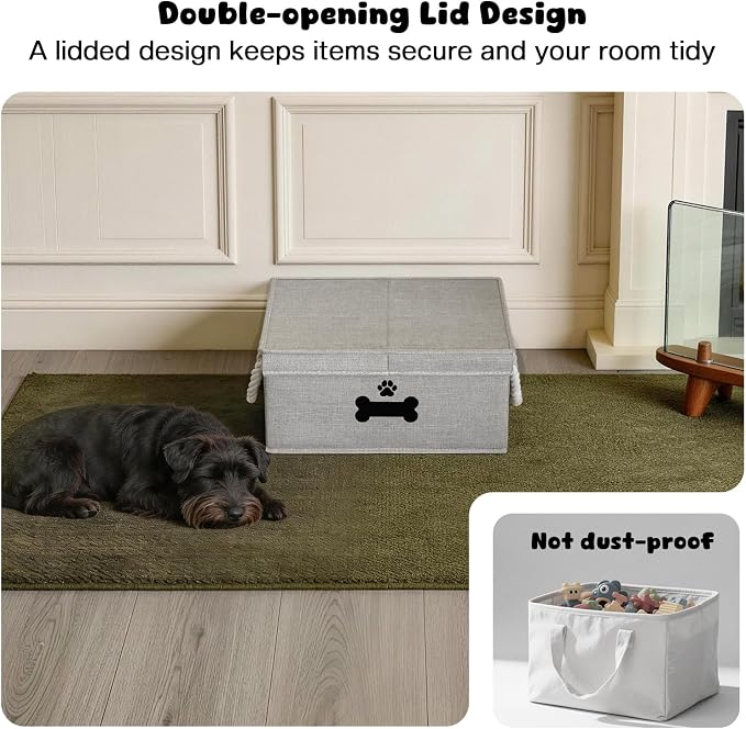 Dog Toy Basket with Double-Open Lid, Divided Dogs Basket for Toys, Collapsible Pet Toy Box, Dog Storage Organizer with 2 Divided Area, Puppy Toys Baskets with Rope Handles, Gray - Image 3