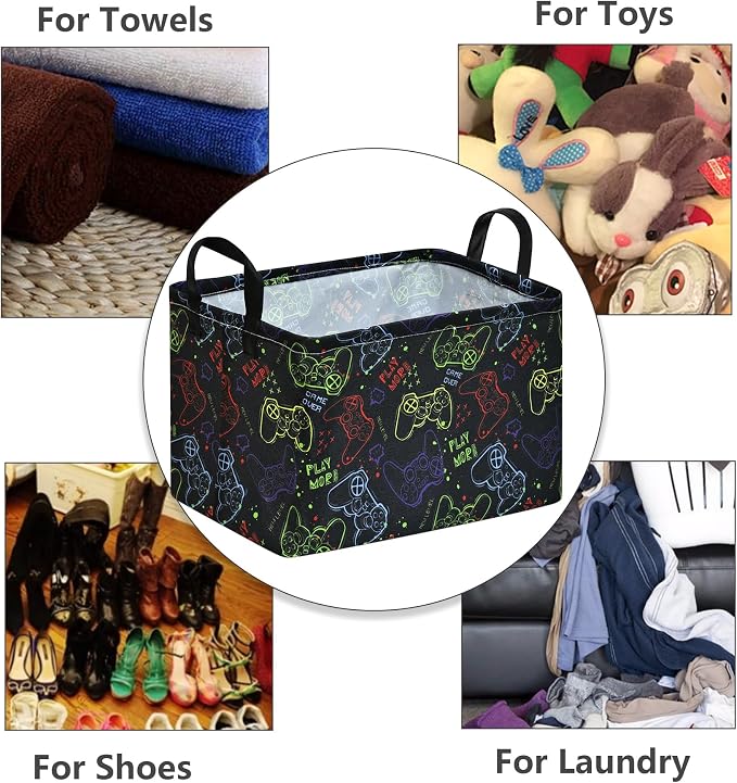 MAIZMZ Game Controller Storage Bin, Waterproof Linen Laundry Basket with Handles for Game Room Bed, Gifts,Toys - Image 5