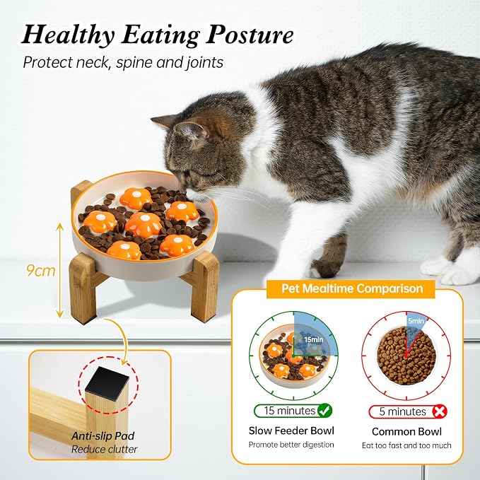 Elevated Ceramic Slow Feeder Cat Bowl with Anti-Slip Bamboo Stand | 6.3" Wide Whisker Friendly, Slow Eating 3x, Dry & Wet Food, Cute Flower-Shaped Maze, Microwave & Dishwasher Safe, Orange - Image 3