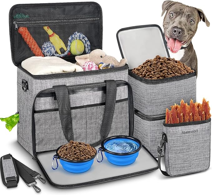 6 Set Dog Travel Bag, Large Pet Travel Kit for Supplies, Grey | Includes 2 Food Containers, 1 Pet Organizer for Dogs, 2 Collapsible Bowls, 1 Treat Pouch, Dog Weekend Overnight Bag Luggage by Abrimelodi