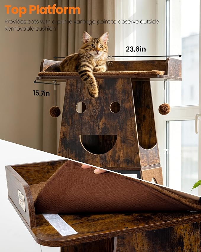 56in Modern Wood Cat Tree Tower for Indoor Cats with Hammock | Multi-Level Climbing Design, 2 Spacious Hammocks, Perch, Cat Condo, Scratching Board, Ideal for Multi-Cat Homes, Rustic Brown - Image 3
