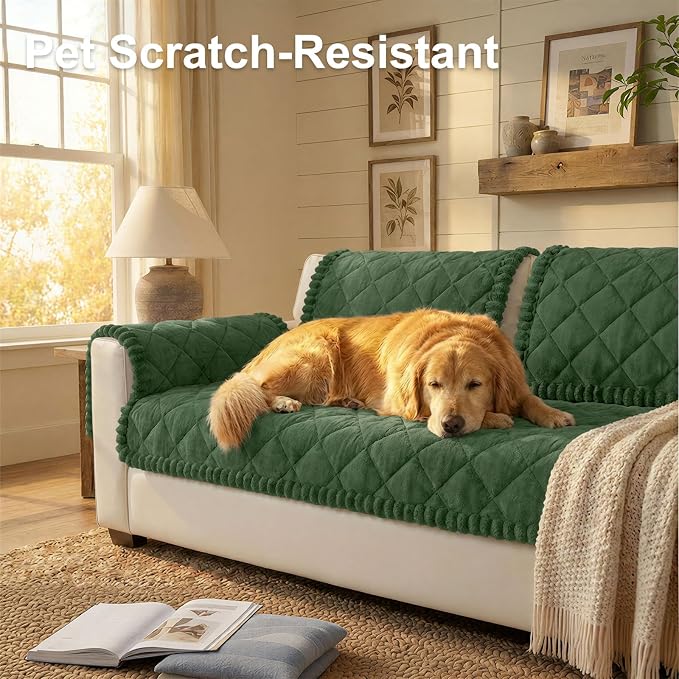 Smiry Non Slip Couch Cover for Dogs, Fuzzy Plush Pet Sofa Protector | Washable Furniture Cover for Large Dogs & Cats, Scratch & Dirt Resistant, For 3 Cushion Couch, Green, 27.6"x88" - Image 2