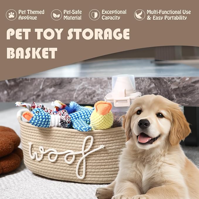 Sea Team Dog Toy Storage Basket with Handles, Beige Woof | Large Cotton Rope Storage Bin, Shelf Basket, Organizer for Pet Chew Toys, Foods, 16.5 x 11 x 7 Inches, 4.4 Gallons - Image 2