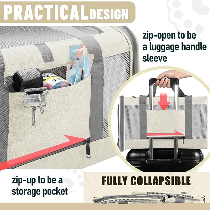 GAPZER Large Cat Carrier Soft, Collapsible Travel Pet Carry Bag, Small Dogs | Big Kitten Cat 20lbs Mainecoon, Top Open Travel Shih-Tzu Pet Kennel, Yorkie Small Dog 10 Pound, 18x12x12, Durable Cloth Beige - Image 7