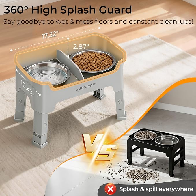 URPOWER Mess Proof Elevated Dog Bowls, Splash Guard Raised Bowl Stand | 4 Adjustable Heights, 2 Stainless Steel Bowls, Food & Water Separation, Foldable Design Non-Slip for Small Medium Large Dogs - Image 3