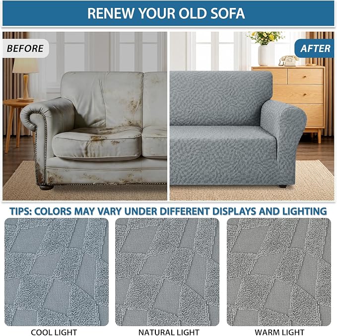 ZNSAYOTX 1 Piece Stretch Sofa Covers for 3 Cushion Couch (72"-90"), New Plaid Couch Cover with Non-Slip Buckle for Dog Pets, Ultimate Soft Cozy Washable Sofa Slipcover Form Fit Protector, Light Grey - Image 5
