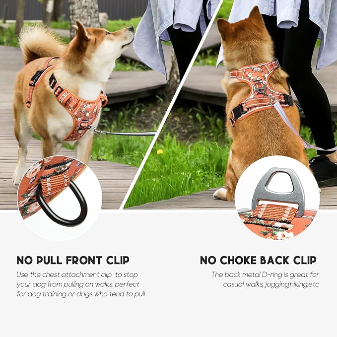 Timos Dog Harness, No Pull Large Sized with 3 Buckles, Flower Orange, XL | Reflective, No Choke, Easy On & Off, Adjustable Soft Padded, Front & Back 2 Clips and Control Handle for Walking Training - Image 4