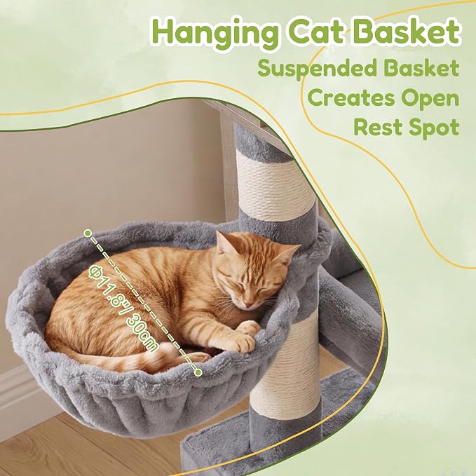 Heybly Cat Tree, Multi-Season Stable Cat Activity Tower, HCT207SW | Wooden Top Platform Cat Tower, Soft Plush Perch, Sisal Scratching Board, Cat Basket & Cozy Kitten Cat Condo, Light Gray - Image 7