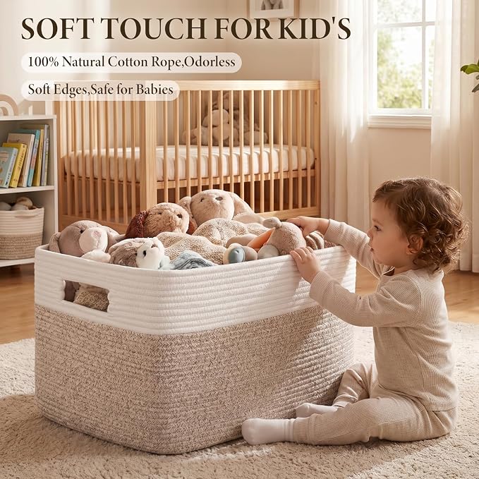 96L XL Large Cotton Rope Basket, Soft Toy Storage Bin for Nursery & Living Room, Decorative Blanket Basket for Bedroom, Baby-Safe Organizer for Pillows &Laundry, 24''×16''×15'', Brown & White - Image 5