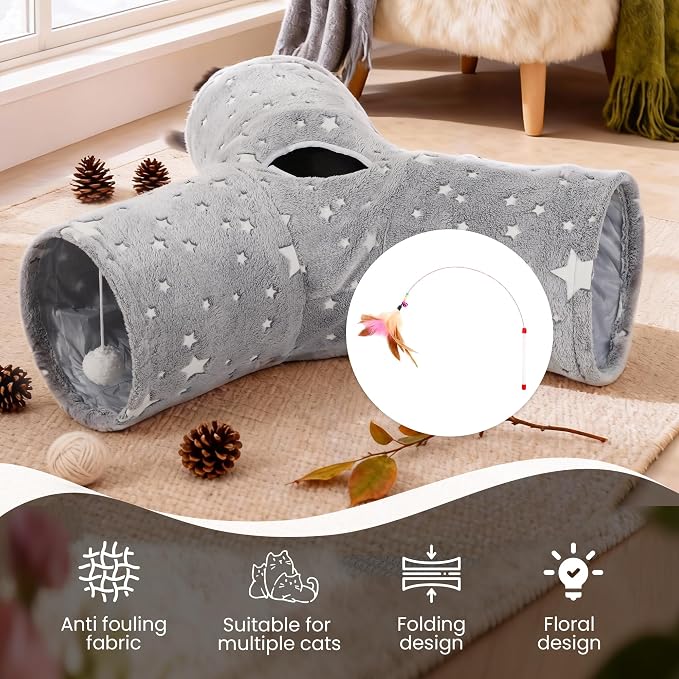 Tempcore 3-Way Collapsible Cat Tunnel Toy with Self-Luminous Tube & Teaser Wand, Peek Holes & Hanging Ball, Photoluminescence Play Tunnel for Indoor Cats, Puppy, Rabbit - Image 8