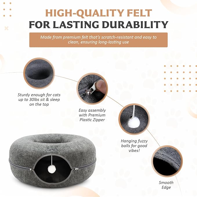 MeowMansion - Indoor Cat Tunnel Bed - Scratch Resistant Peekaboo Cave Donut Shape - Multifunctional Playground, Caves, Toys (Grey) - Image 3