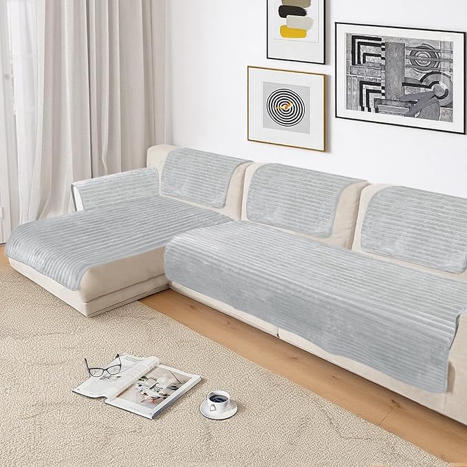 NAISI Couch Covers for Dogs Waterproof Flannel Striped Sofa Cover Pet Friendly Washable Dog Mat for Couch Anti Slip Sectional Sofa Slipcover Protector(2pcs/35"x63"+35"x70",Light Grey) - Image 4