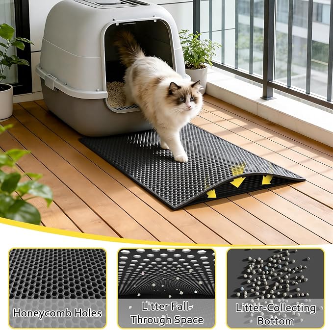 Cat Litter Mat, 15"X24", Waterproof, Easy to Clean (Black-1Pack) | Double-Layer Honeycomb for Effective Litter Trapping, Premium Durable EVA, Non-Slip, Paw-Friendly Soft Surface - Image 2