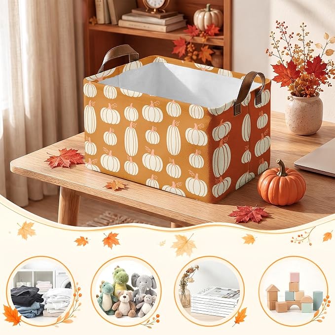 Britimes Fall Pumpkin Storage Baskets for Gift, Toy Storage Bins Box, 3Pcs | Autumn Harvest Canvas Collapsible Baskets Organizer with Handles Fall Nursery Decor Laundry Basket for Shelves Closet - Image 5
