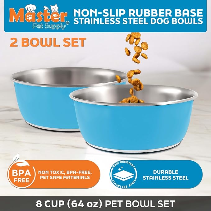Master Pet Supply Stainless Steel Dog Bowls Set of 2 - True Blue - 64 Oz | Non-Slip Rubber Base, Basic Dog Food Bowl Water & Food Bowls for Small, Medium, Large Dogs & Cats Metal Dish - Image 2