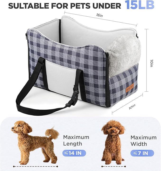 Center Console Dog Car Seat for Small Dogs-Washable Plaid Oxford Pet Booster Seat,Anti-Collapse Design with Soft Plush & Sturdy Support Board,Adjustable Safety Leash for Small Dogs & Cats up to 15 lbs - Image 2