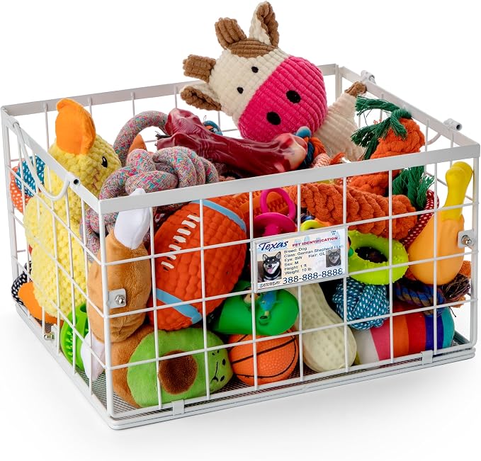 Dog Toy Basket, Dog Toy Storage Bin for Pet, Medium Toy Box for Dogs, Metal Storage Box with Handles, Toy Organizer Holder Boxes for Living Room (White) by Unknown