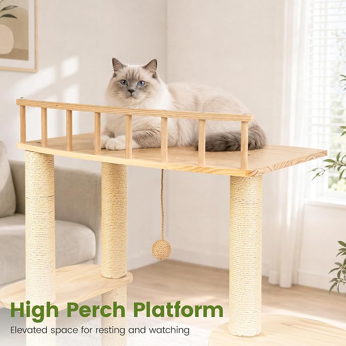 45 Inch Solid Wood Cat Tree, Modern Cat Tower for Indoor Cats, Cat Condo with Single Tunnel, Sisal Scratching Posts, High Perch Platform, Washable Cushion, Hanging Balls, Natural - Image 5
