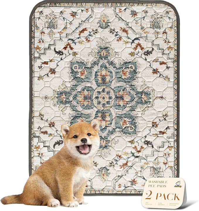 nunubaby Washable Pee Pads for Dogs, Stylish, Non-Slip and Leak-Proof Pee Pads. Reusable Potty Pads for Dogs for Crates and Floors.(Beige/Floral, 18" x24" ) by Nunubaby