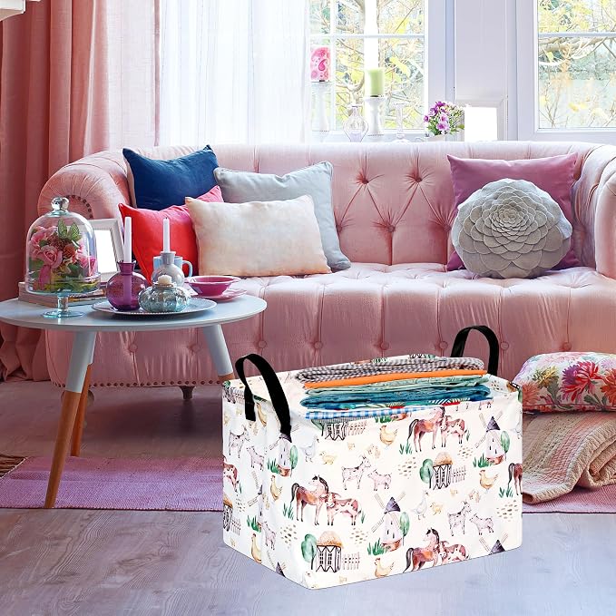 Storage Basket Home Shelf Basket Organizer Box Clothes Laundry Hamper Nursery Bin Gift Laundry Basket with Handles Rectangle Farm Pattern for Home - Image 4