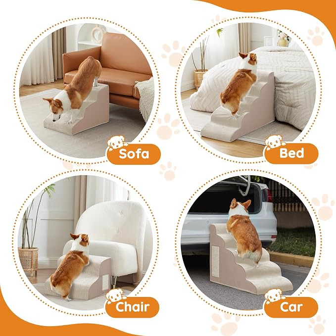 Dog Stairs for Small Dogs 22.6" H, Dog Ramp for Bed, 5-Step, Beige | Dog Steps for Bed, Couch, Pet Stairs with Non-Slip Bottom Design, Cat Scratching,High Density Foam Portable Pet Steps, Indoor - Image 6