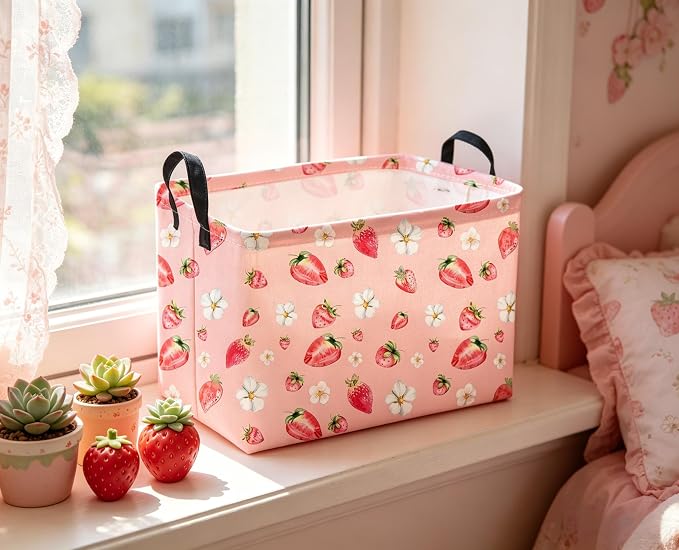 Sanjiaofeng Rectangular Strawberry Storage Baskets Baby Girl Basket Kids Baby Storage Basket Waterproof Collapsible Storage Bin Cute Organizer Box Girl Room Decor(Strawberry) - Image 2