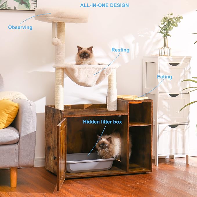 Hey-brother Cat Tree Tower, Food Station, XL Litter Box Enclosure, MPJ101SR | 48.81 Inches Wooden All-in-one Cat Furniture, Large Hammock, Bed, Scratching Posts, Big Basket for Indoor Cats, Rustic Brown - Image 2