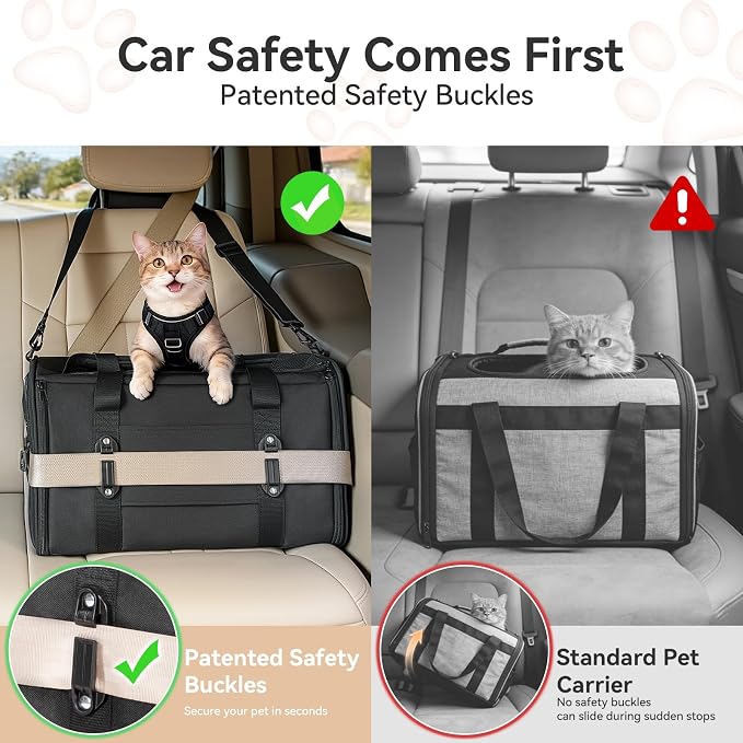 PETSFIT Large Cat Carrier with Patented Safety Buckles,Big Cats Up to 20 lb | Secure Carrier for Safe Driving, Lockable Zippers, Safety Tether, Travel Pet Carrier for Trips & Vet Visits,19 x 12 x 12 - Image 2