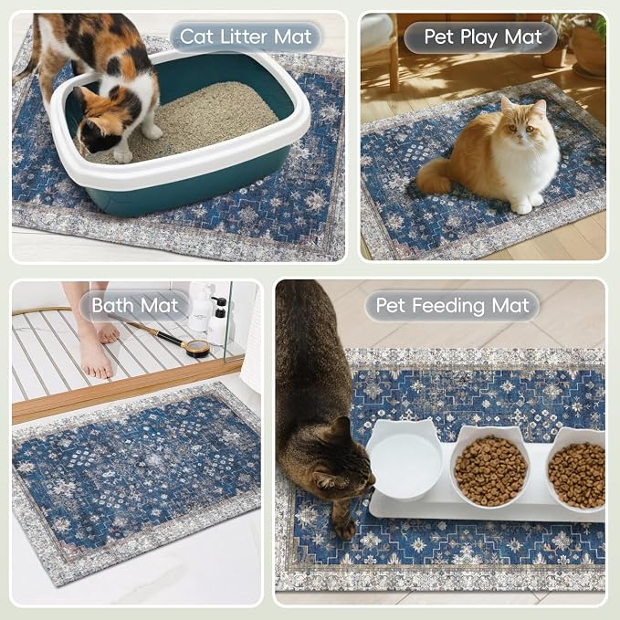 Cat Litter Mat Litter Trapping Mat, 33"x22" Waterproof Urine Proof Litter Box Mat Catcher Mat Non-Slip Washable for Kitty Kitten, Navy - Image 7