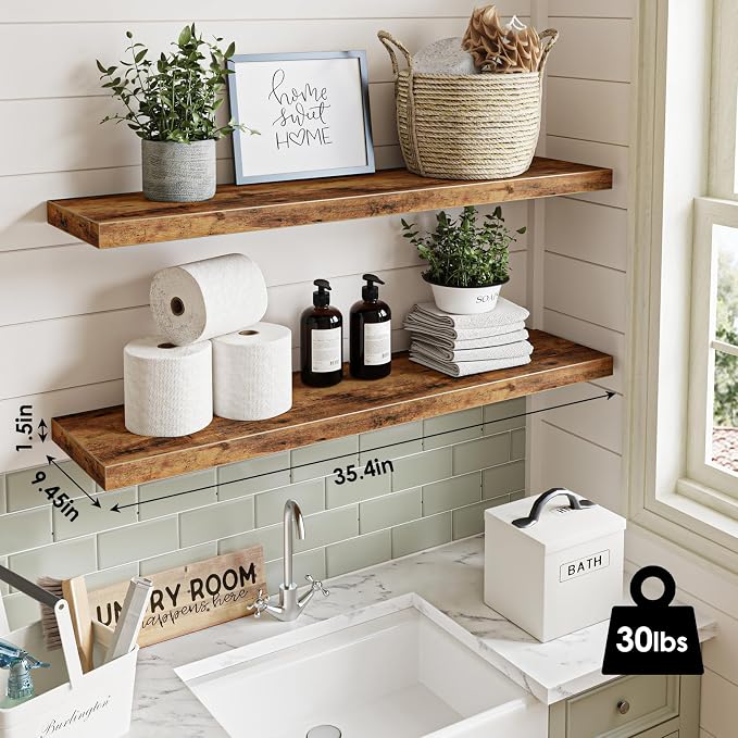 Fixwal Floating Wall Shelves for Decor (Rustic Brown, Set of 2, 35.4Inch) | MDF Shelf with Metal Brackets, Space Saving for Books , Decor, Fits Bathroom, Kitchen, Bedroom, or Office - Image 3