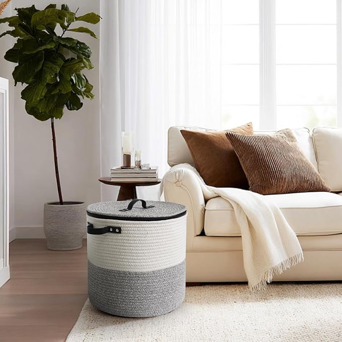 Storage Basket with Lid, 15"x13" Round Woven Blanket Storage for Living Room, Soft Cotton Rope Bin with Zipper Top, Shoe Basket with Lid for Entryway, Floor Kids Dog Toy Bin Box with Cover - Image 6