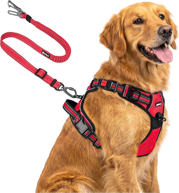 Joytale No Pull Dog Harness & Seat Belt, Easy On 3-Buckle, XL, Red | Front Clip Reduces Pulling, Escape-Resistant Design, Adjustable Fit, Soft Padding for Comfort, Secure Tether for Safer Travel by Joytale