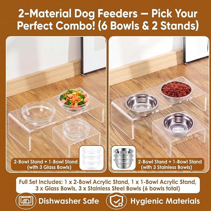 Raised Dog Bowl Stand, 3 Bowl Elevated Dog Feeder for Medium Dogs, Clear Acrylic Modern Feeding Station with 6 Bowls (Glass & Stainless Steel), Non Slip, Supports Better Digestion - Image 2